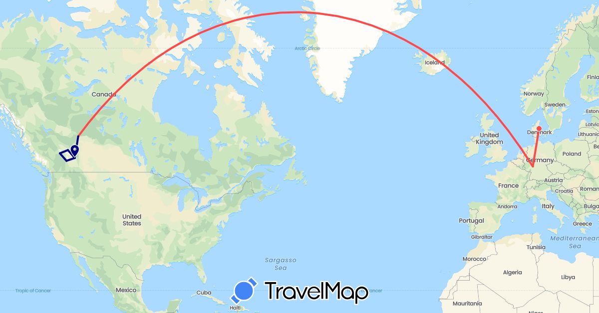 TravelMap itinerary: driving, hiking in Canada, Germany, Denmark (Europe, North America)